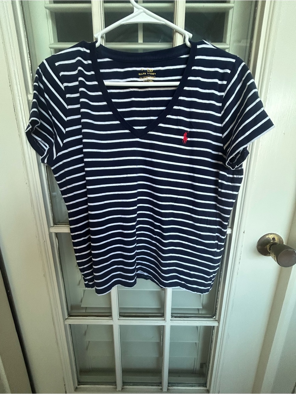 Ralph Lauren Navy and White Striped V-Neck Tee with Red Pony Logo